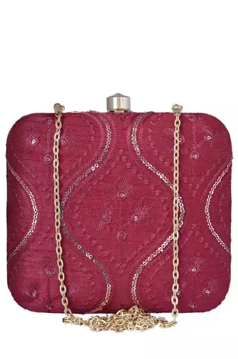 Red based silver sequins pattern embroidery clutch