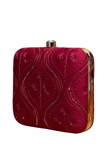 Red based silver sequins pattern embroidery clutch