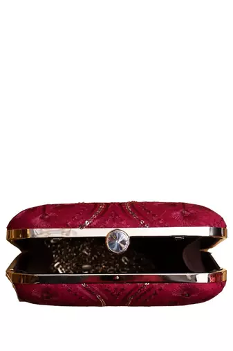 Red based silver sequins pattern embroidery clutch