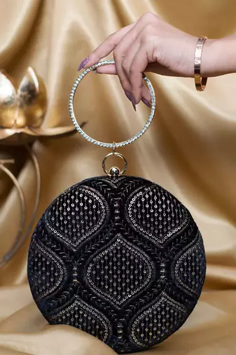 Black based golden sequins and threadwork embroidery clutch