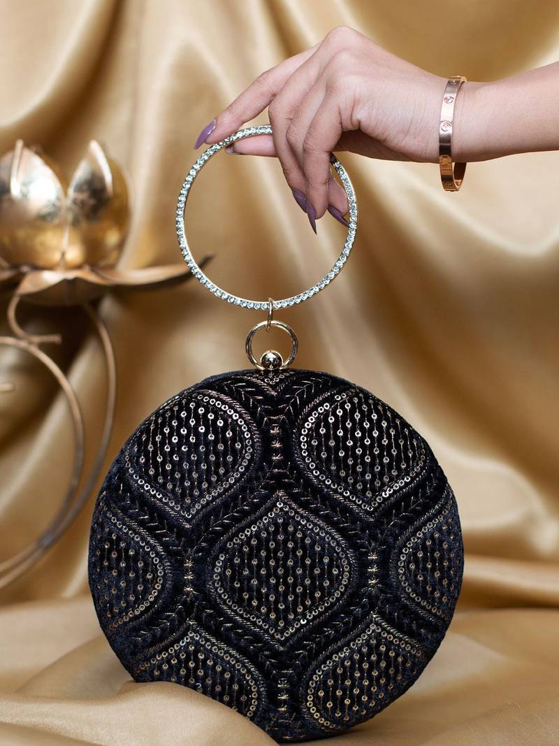 Black based golden sequins and threadwork embroidery clutch