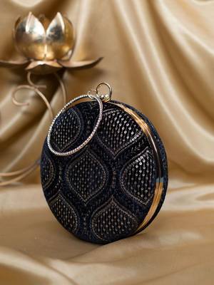 Black based golden sequins and threadwork embroidery clutch 3