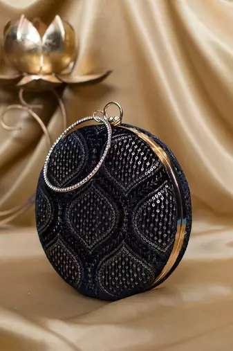 Black based golden sequins and threadwork embroidery clutch