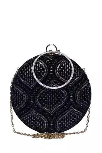 Black based golden sequins and threadwork embroidery clutch