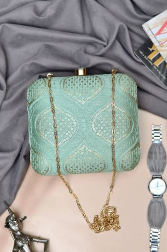 Mint green embroidered clutch bag for women
