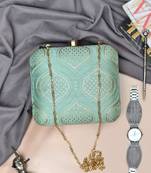 Mint green embroidered clutch bag for women