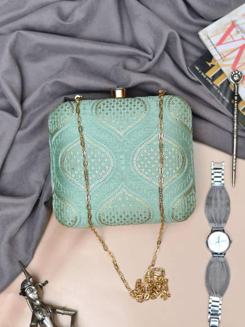 Mint green embroidered clutch bag for women