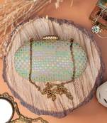 Green elegant capsule frame embroidery clutch
