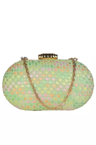 Green elegant capsule frame embroidery clutch
