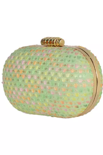 Green elegant capsule frame embroidery clutch