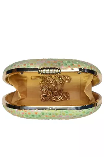 Green elegant capsule frame embroidery clutch