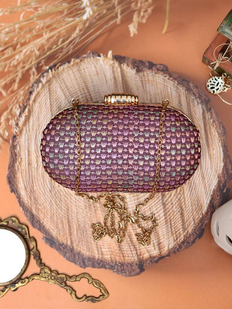 Maroon elegant capsule frame embroidery clutch