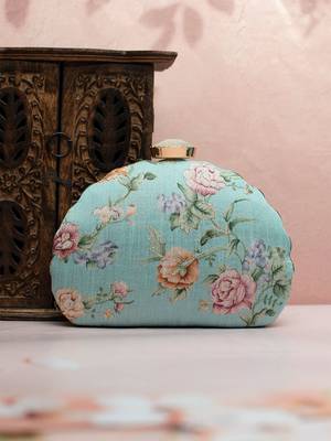 Turquoise floral printed zari embroidery clutch 1