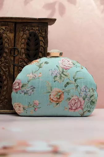 Turquoise floral printed zari embroidery clutch