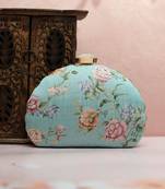 Turquoise floral printed zari embroidery clutch