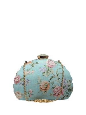 Turquoise floral printed zari embroidery clutch 2