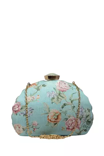 Turquoise floral printed zari embroidery clutch