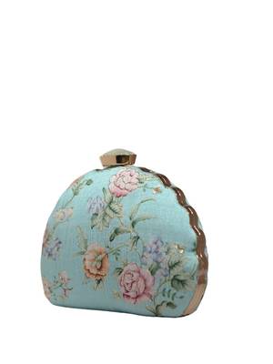 Turquoise floral printed zari embroidery clutch 3