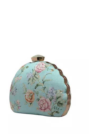 Turquoise floral printed zari embroidery clutch