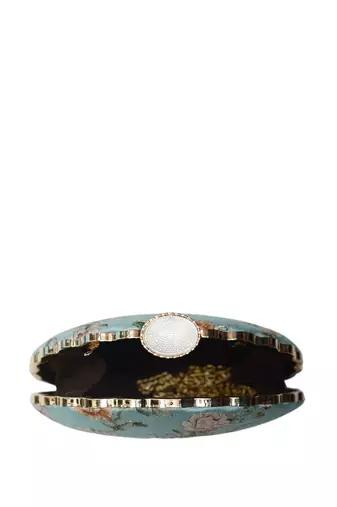 Turquoise floral printed zari embroidery clutch