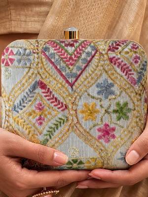 Elegant multicolor floral embroidered box clutch 1