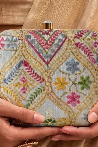 Elegant multicolor floral embroidered box clutch
