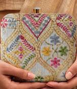 Elegant multicolor floral embroidered box clutch