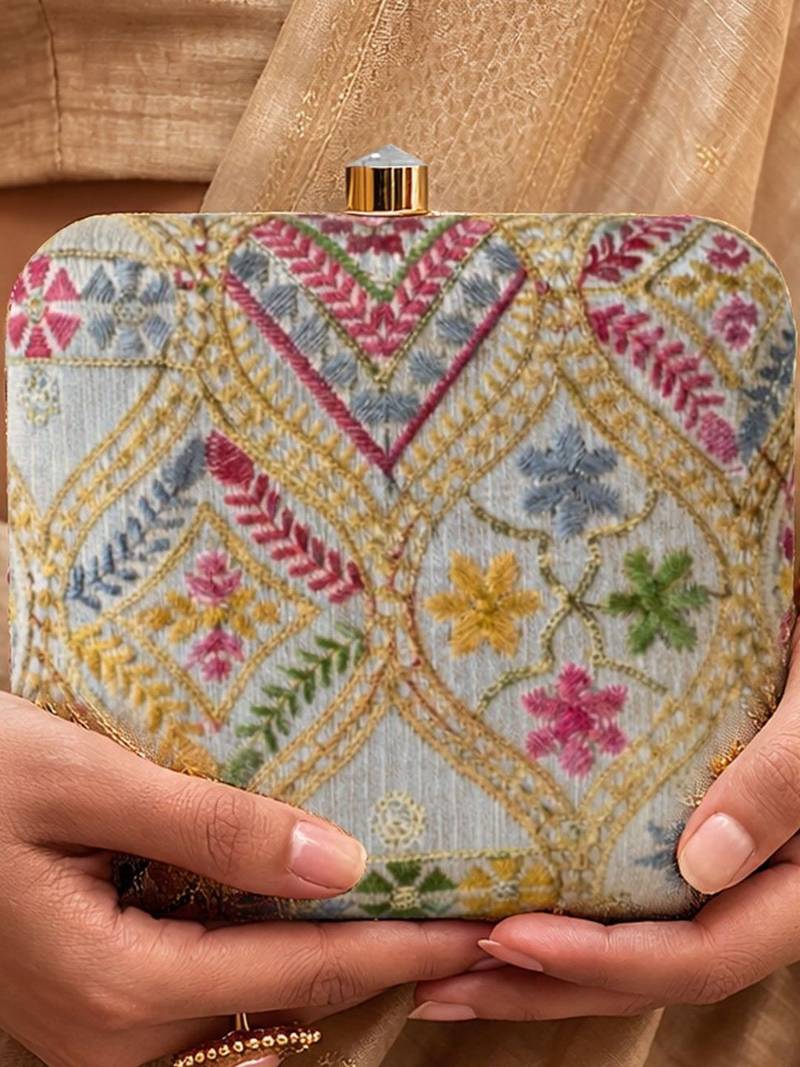Elegant multicolor floral embroidered box clutch