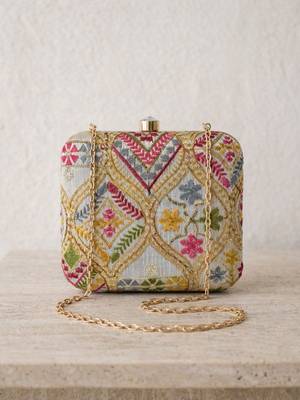 Elegant multicolor floral embroidered box clutch 2