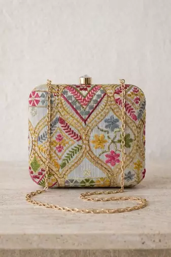 Elegant multicolor floral embroidered box clutch