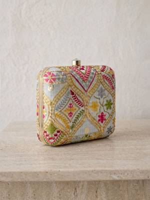 Elegant multicolor floral embroidered box clutch 3