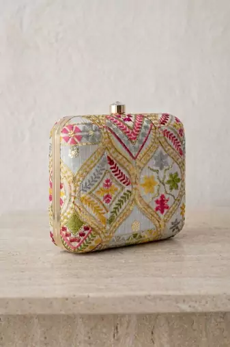 Elegant multicolor floral embroidered box clutch