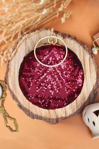Red round embroidered clutch bag for women