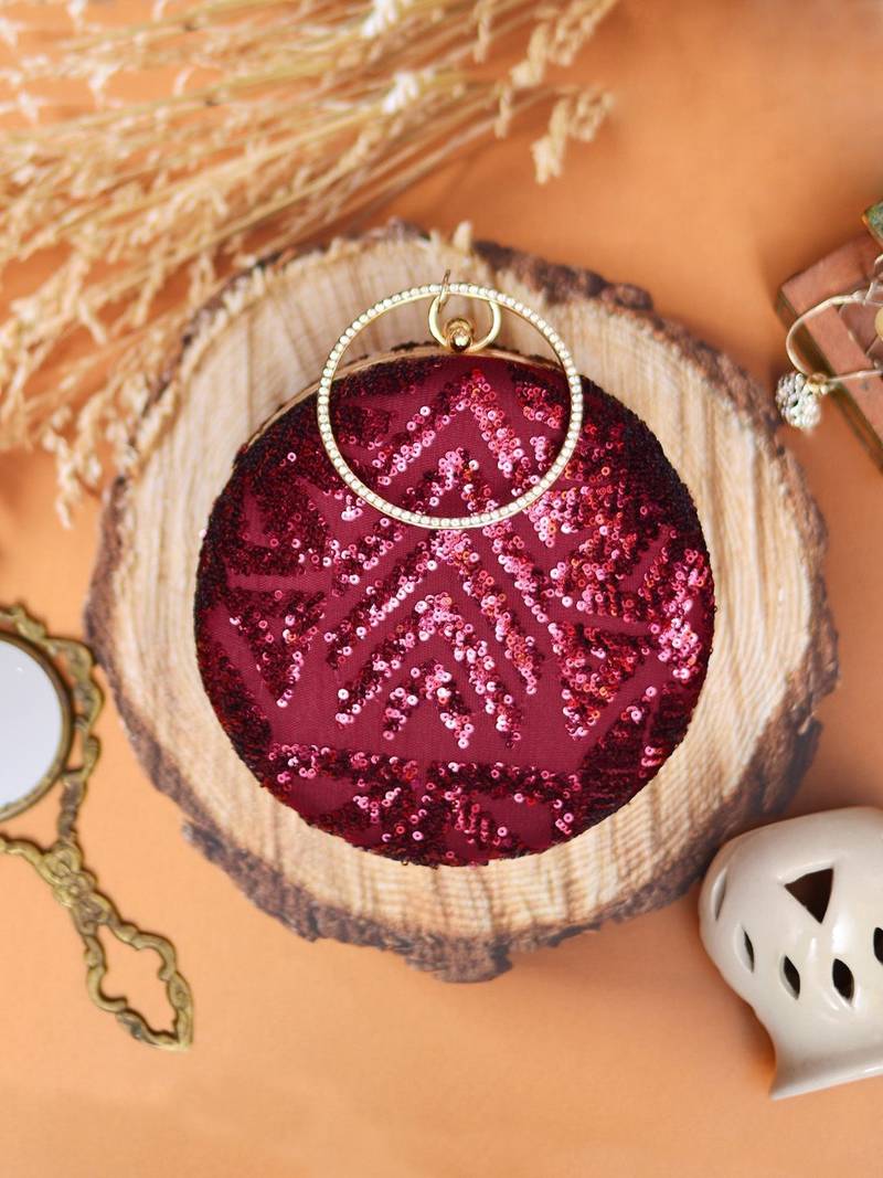 Red round embroidered clutch bag for women