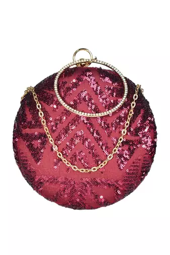 Red round embroidered clutch bag for women