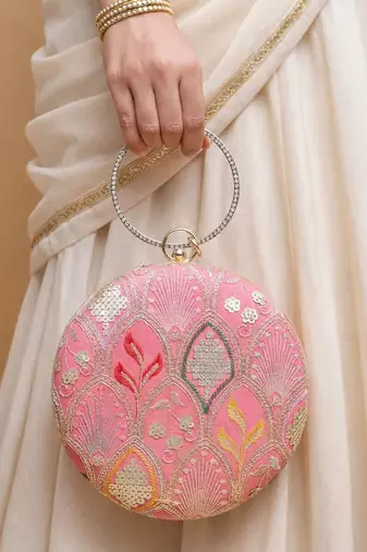 Pink based silver sequins embroidery clutch