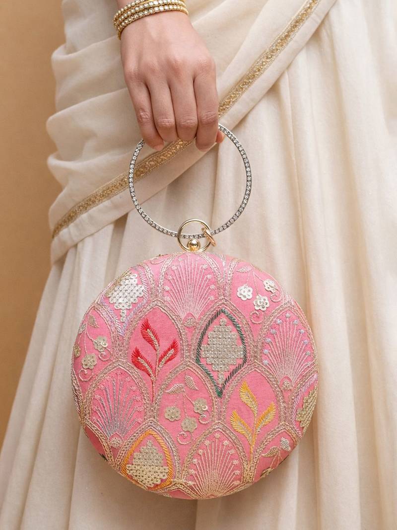 Pink based silver sequins embroidery clutch