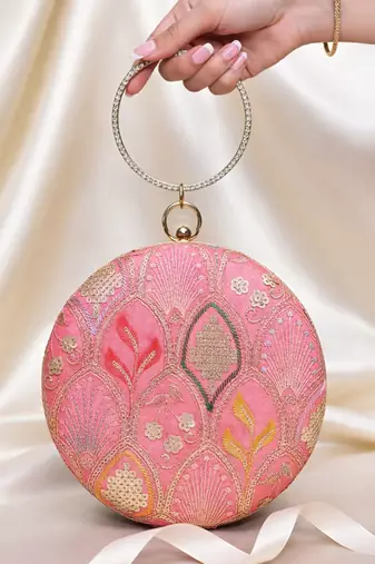 Pink based silver sequins embroidery clutch