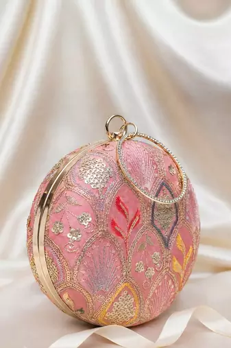 Pink based silver sequins embroidery clutch