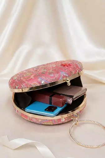 Pink based silver sequins embroidery clutch