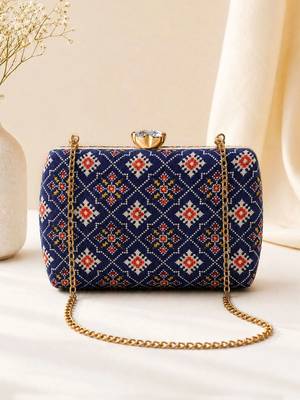 Royal blue ethnic floral pattern chain strap printed clutch 2