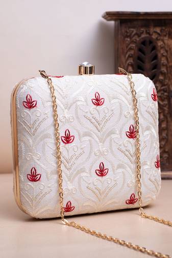  white & red floral embroidery clutch bag for women with detachable strap