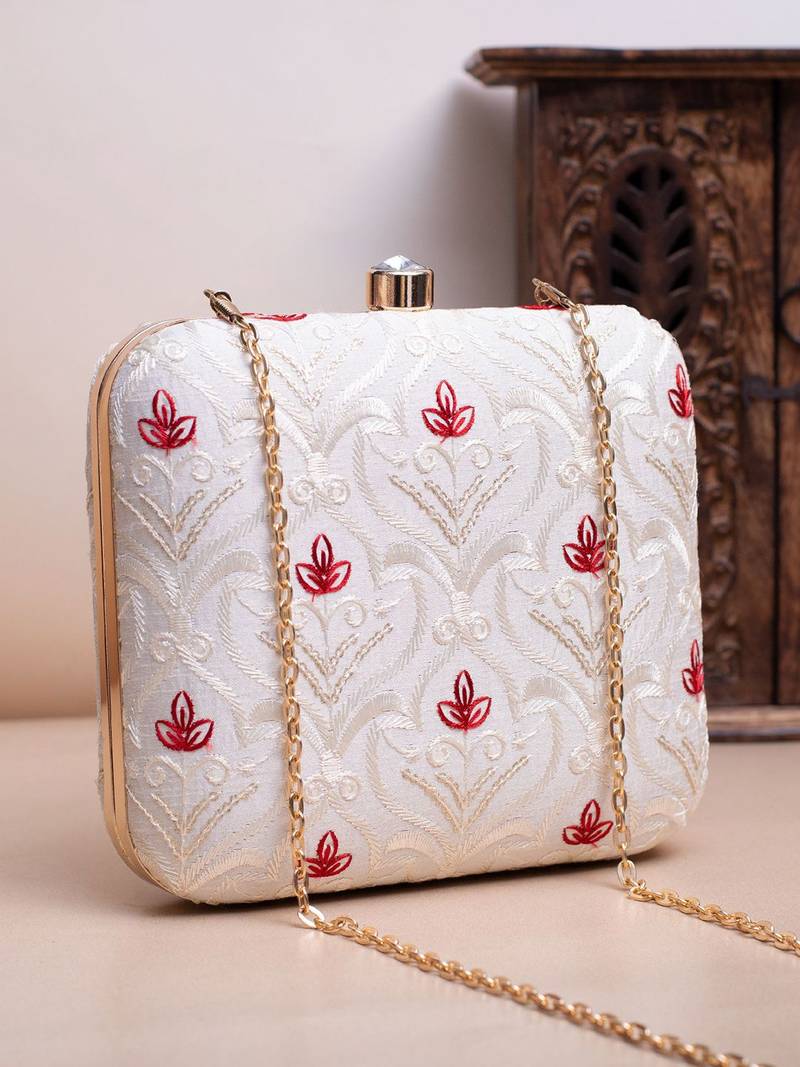  white & red floral embroidery clutch bag for women with detachable strap