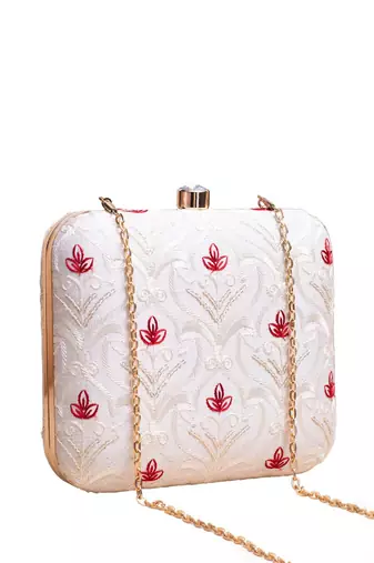 white & red floral embroidery clutch bag for women with detachable strap