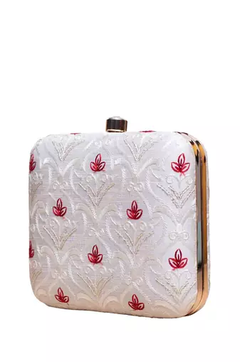  white & red floral embroidery clutch bag for women with detachable strap