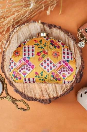  yellow  purple embroidered half moon clutch