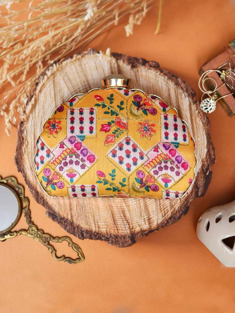  yellow  purple embroidered half moon clutch