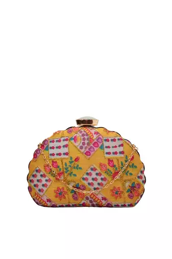 yellow  purple embroidered half moon clutch