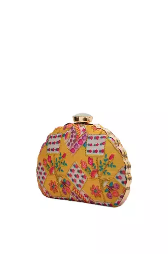  yellow  purple embroidered half moon clutch
