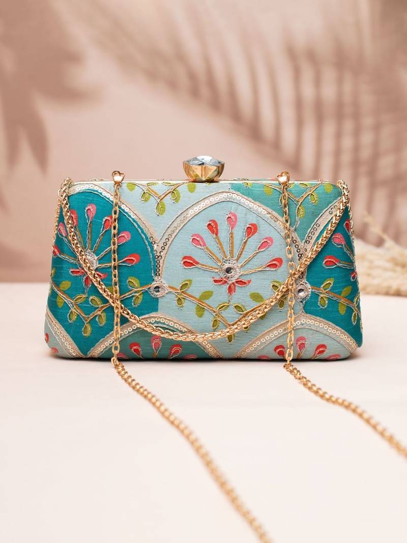  teal & aqua floral clutch bag for women